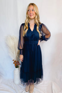 Winter Cheer Tulle Midi Dress - Midnight Blue