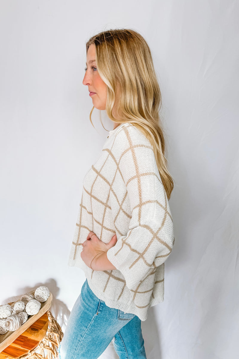 Latte Love Checkered V-Neck Pullover - Ivory/Taupe