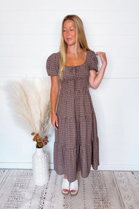 Full Of Grace Plaid Puff Sleeve Midi Dress - Brown