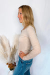 Courtney Notched V-Neck Long Sleeve Top - Oatmeal
