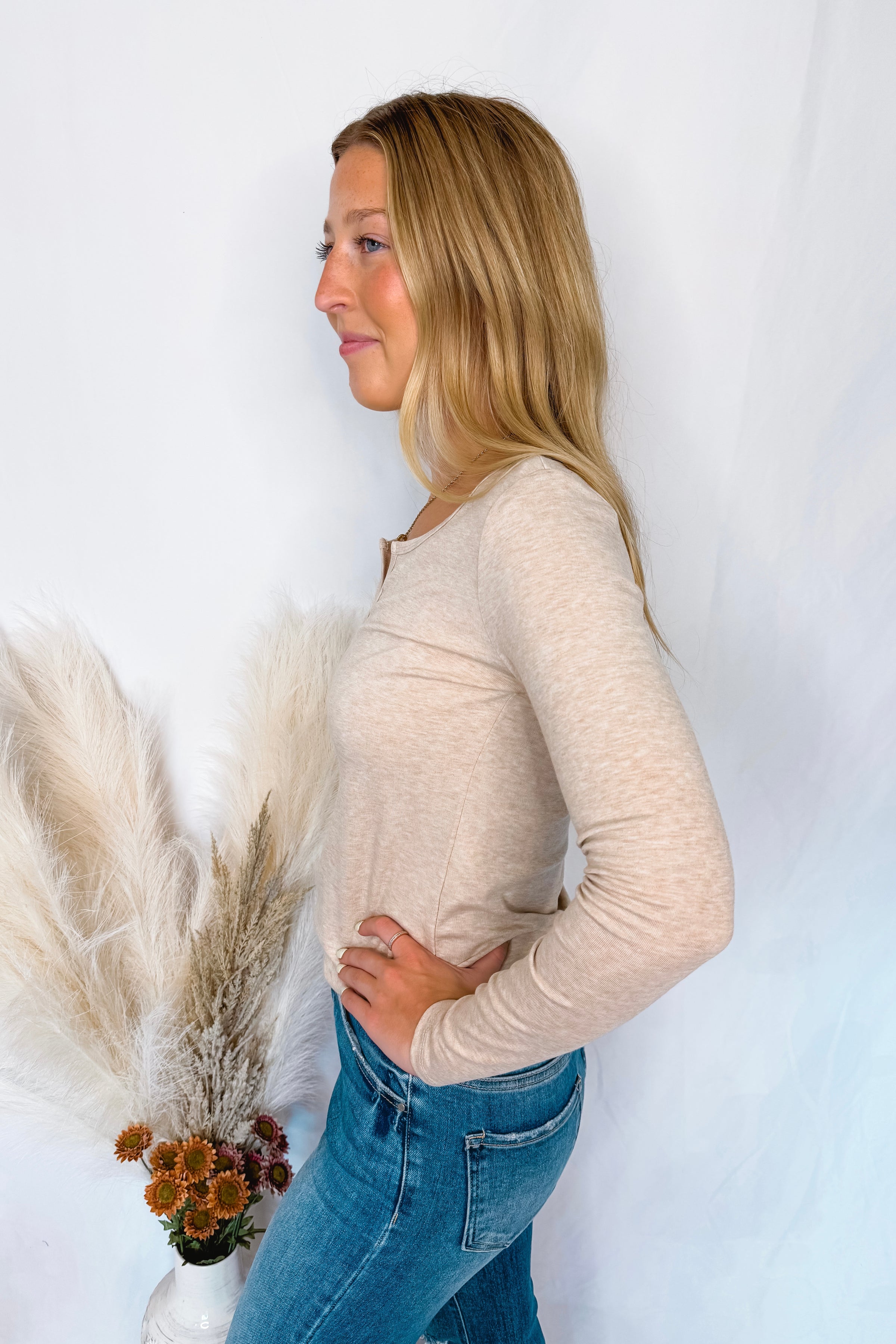Courtney Notched V-Neck Long Sleeve Top - Oatmeal