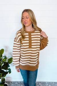 Stylish Staple Striped Henley Top - Taupe