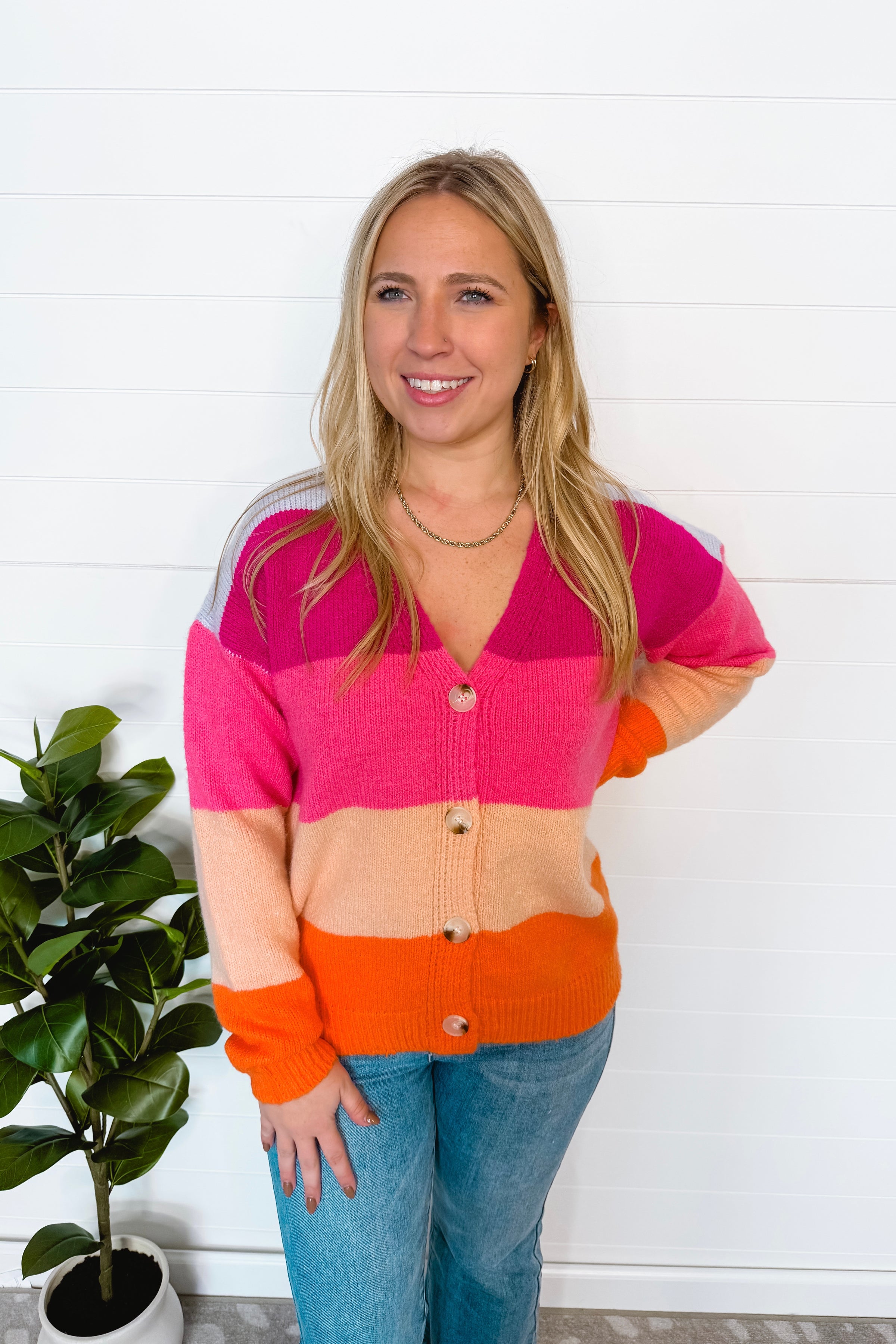 Fresh Smiles Color Block Button Cardigan - Pink