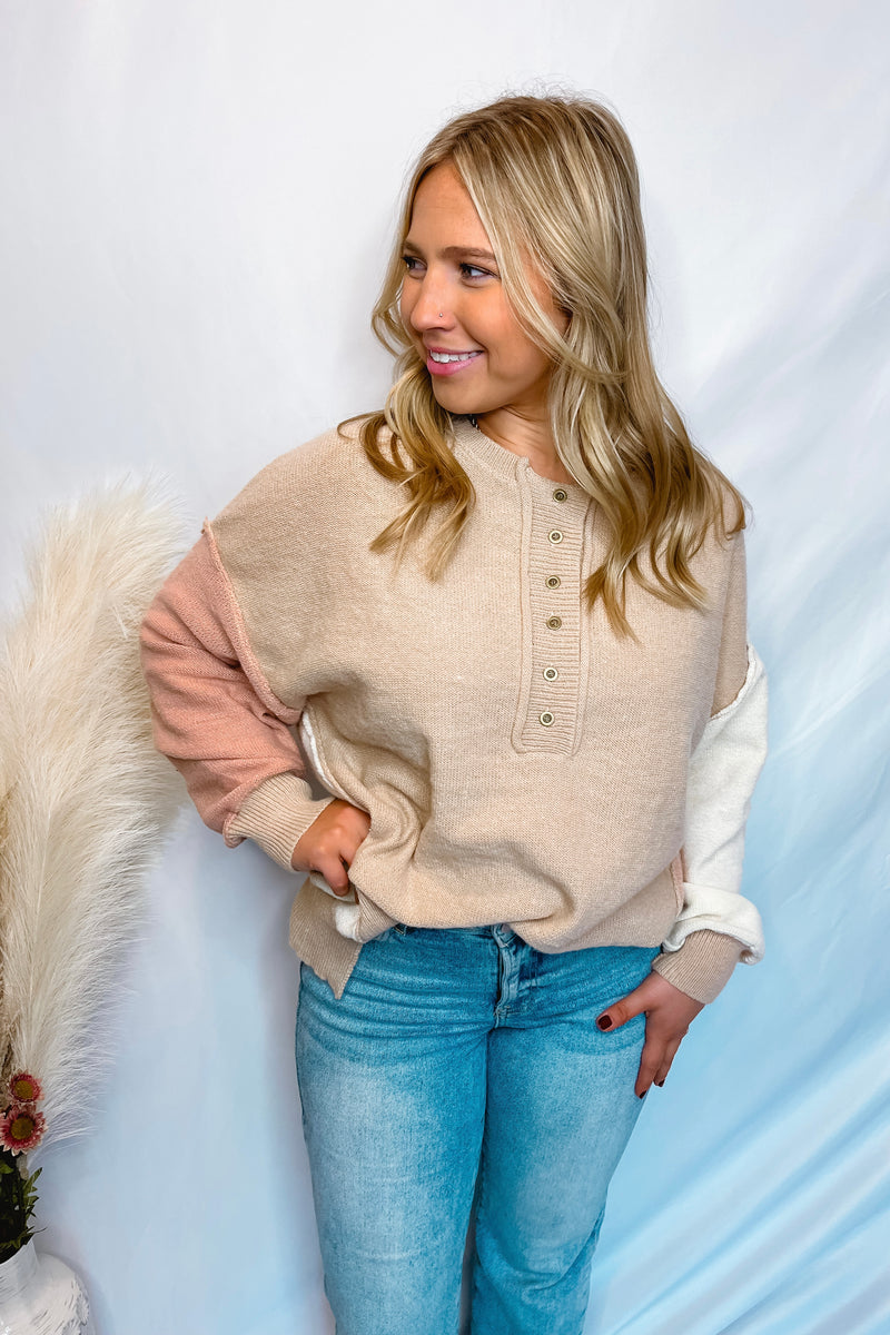 Modern Days Color Block Henley Sweater - Taupe Multi