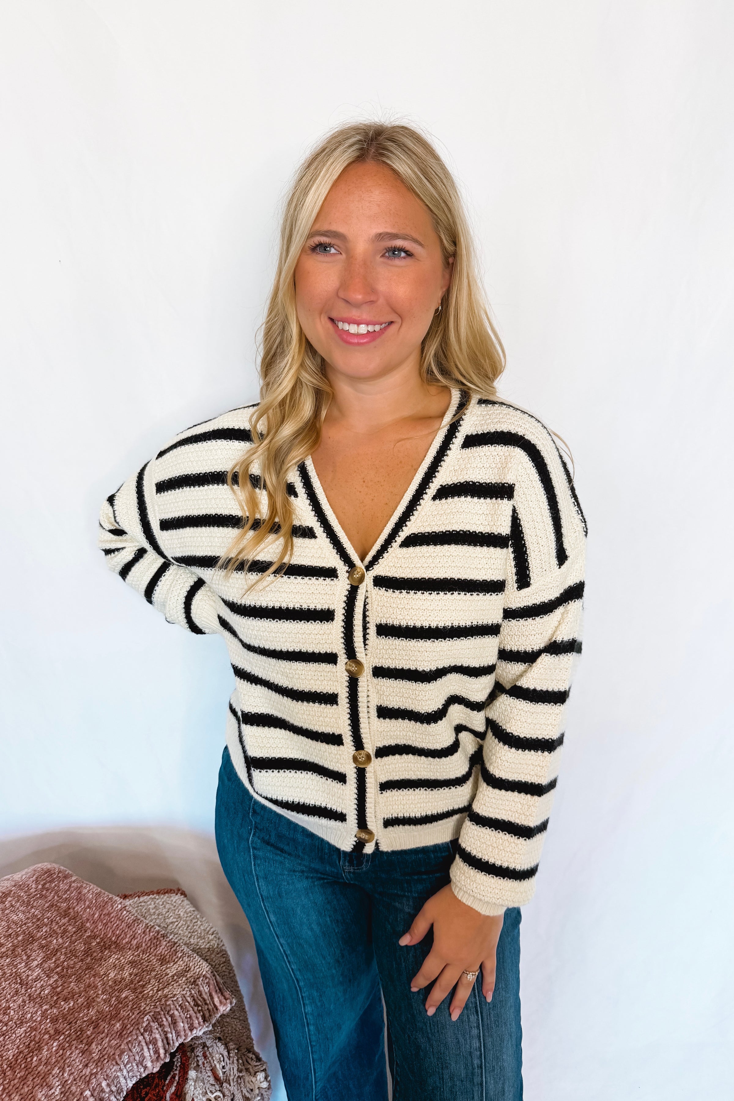 Cool Stroll Striped Button Cardigan - Ivory/Black