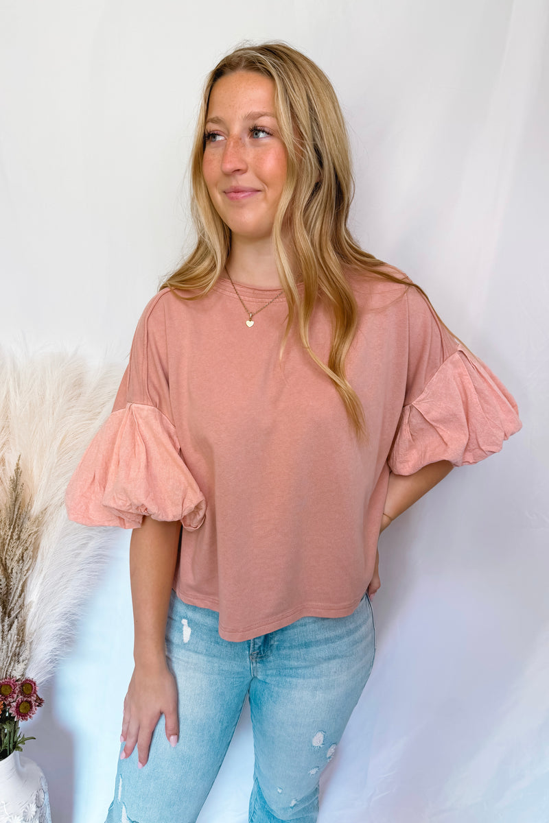 Blushing Babe Contrast Bubble Sleeve Top - Blush