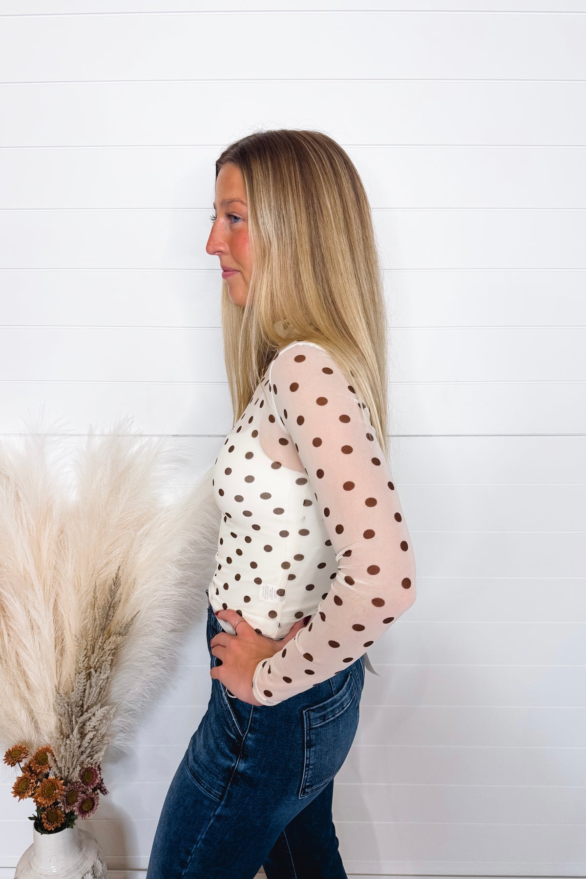 Frankie Mesh Mock Neck Polka Dot Top - Ivory/Brown