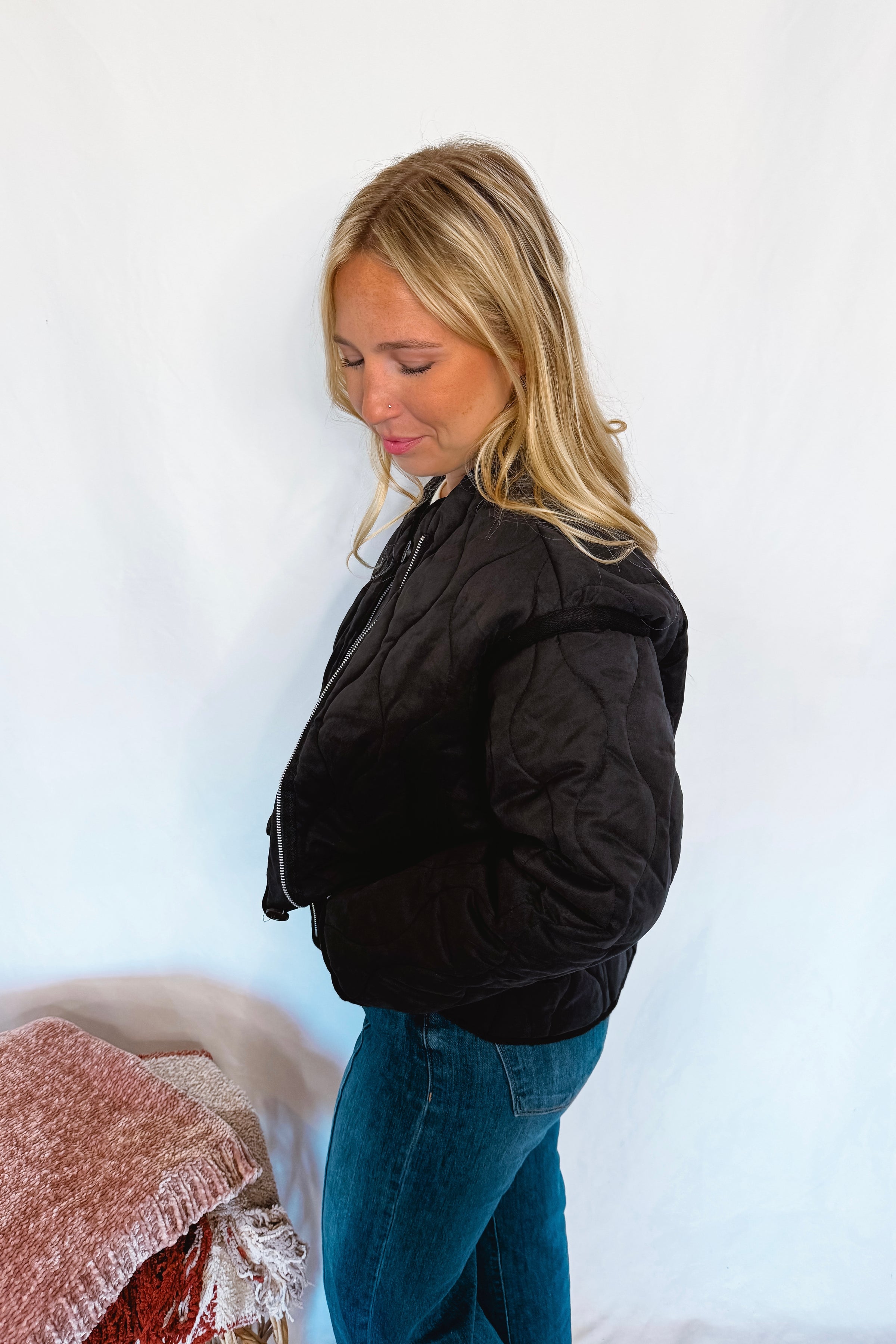 Cheerful Smile Quilted Jacket - Black