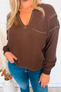 Simple Moments Raw Edge Ribbed Top - Brown
