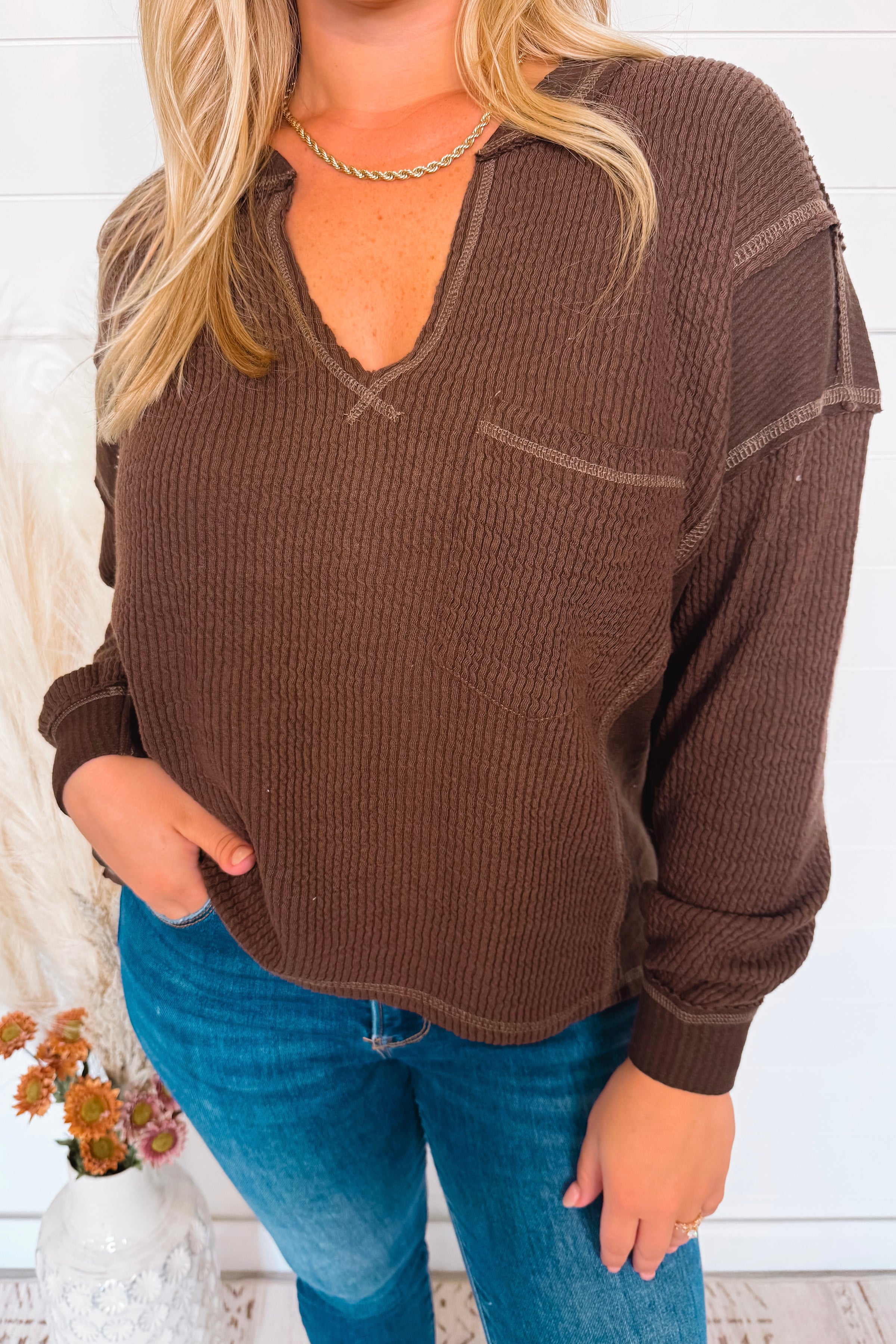 Simple Moments Raw Edge Ribbed Top - Brown