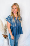 Just For Fun Babydoll Embroidery Blouse - Dark Denim