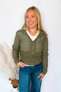 Cherished Moment Open Knit Zip Up - Olive