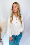 Casual Comfort Raw Edge Knit Henley Top - Ivory