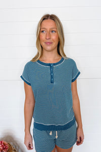 Casual Charm Striped Henley Top - Denim Blue