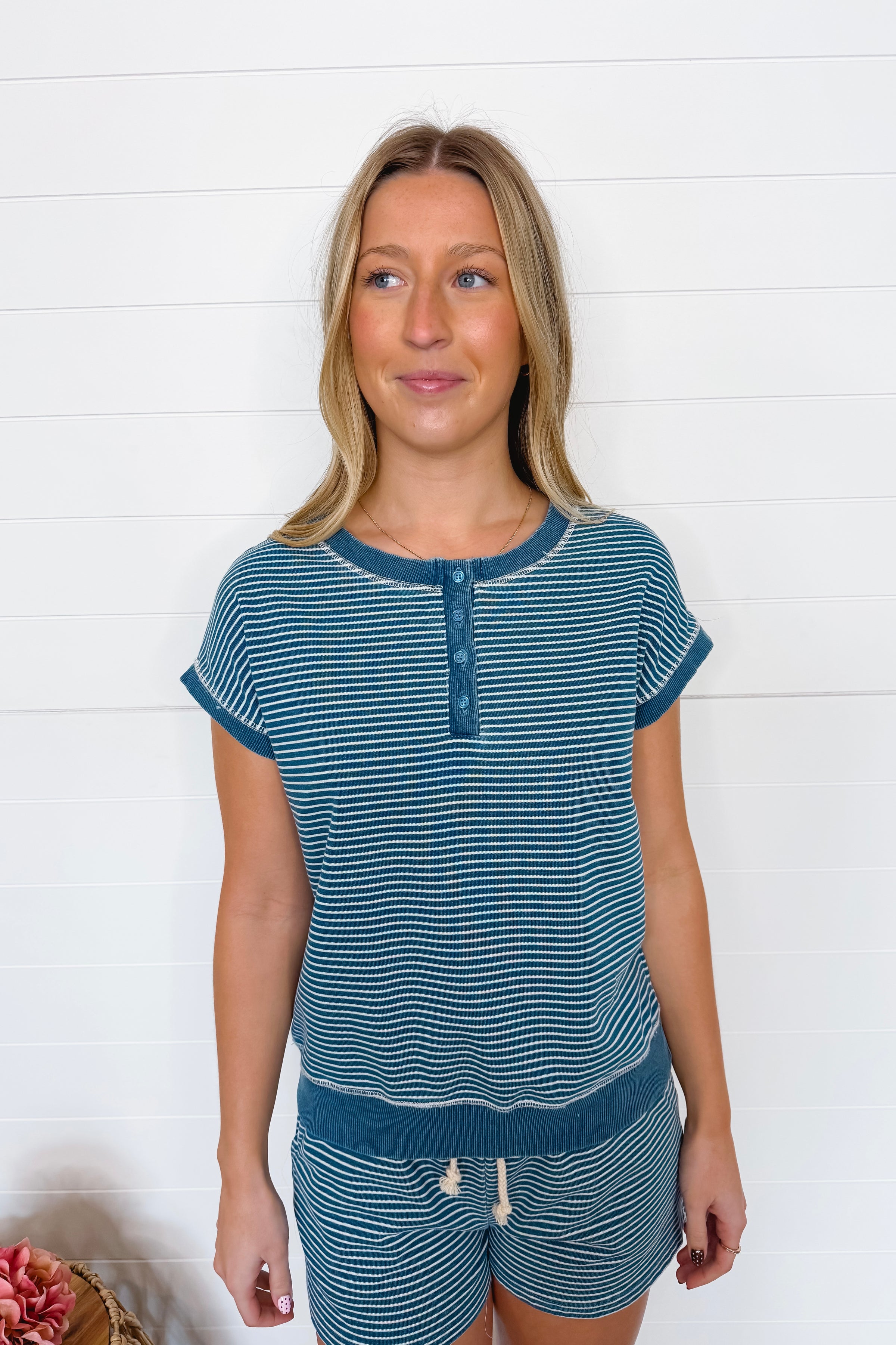 Casual Charm Striped Henley Top - Denim Blue
