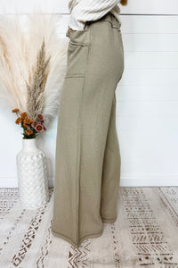 Just My Style Waffle Knit Wide Leg Pants - Light Olive