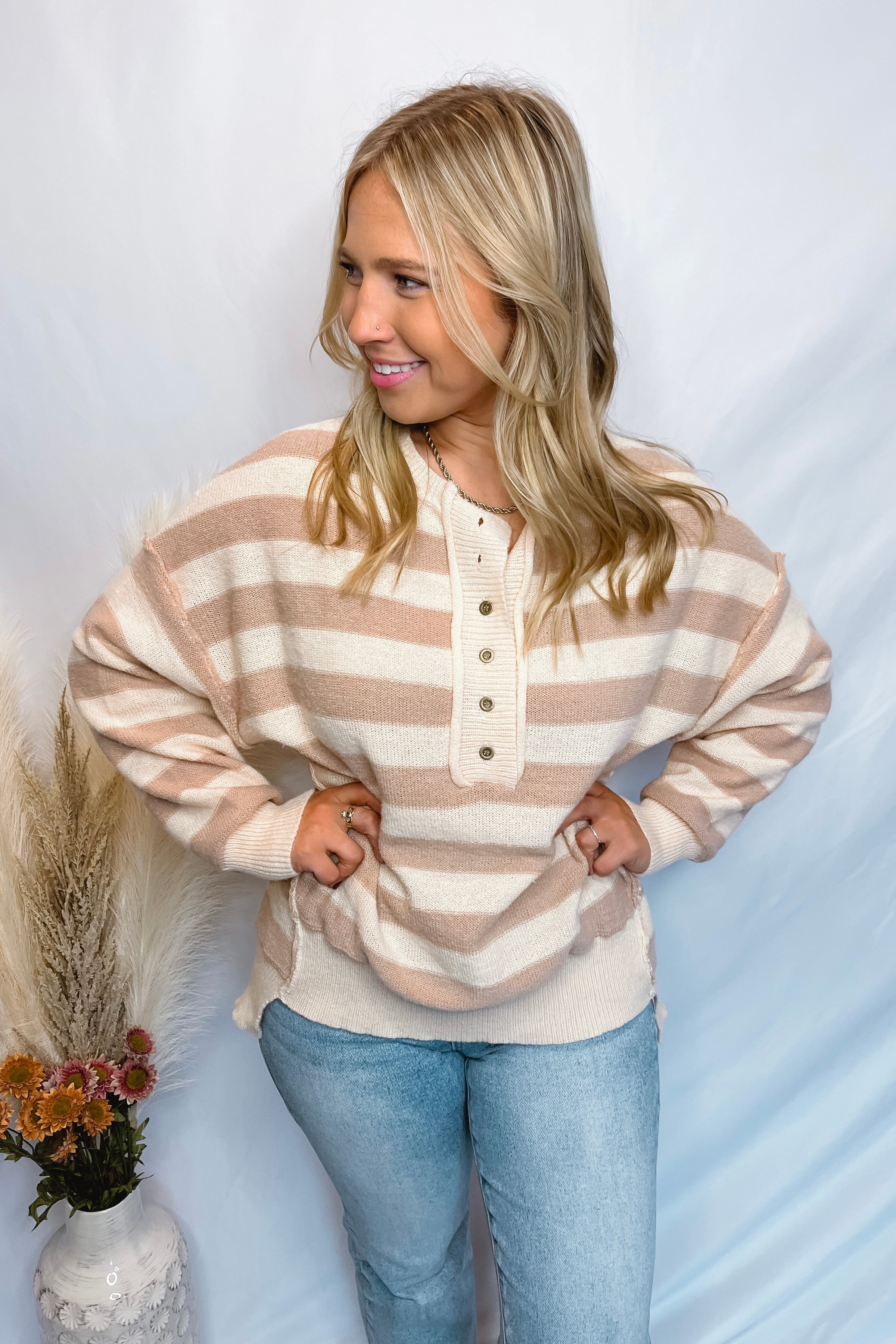 The Lover Striped Henley Sweater - Taupe