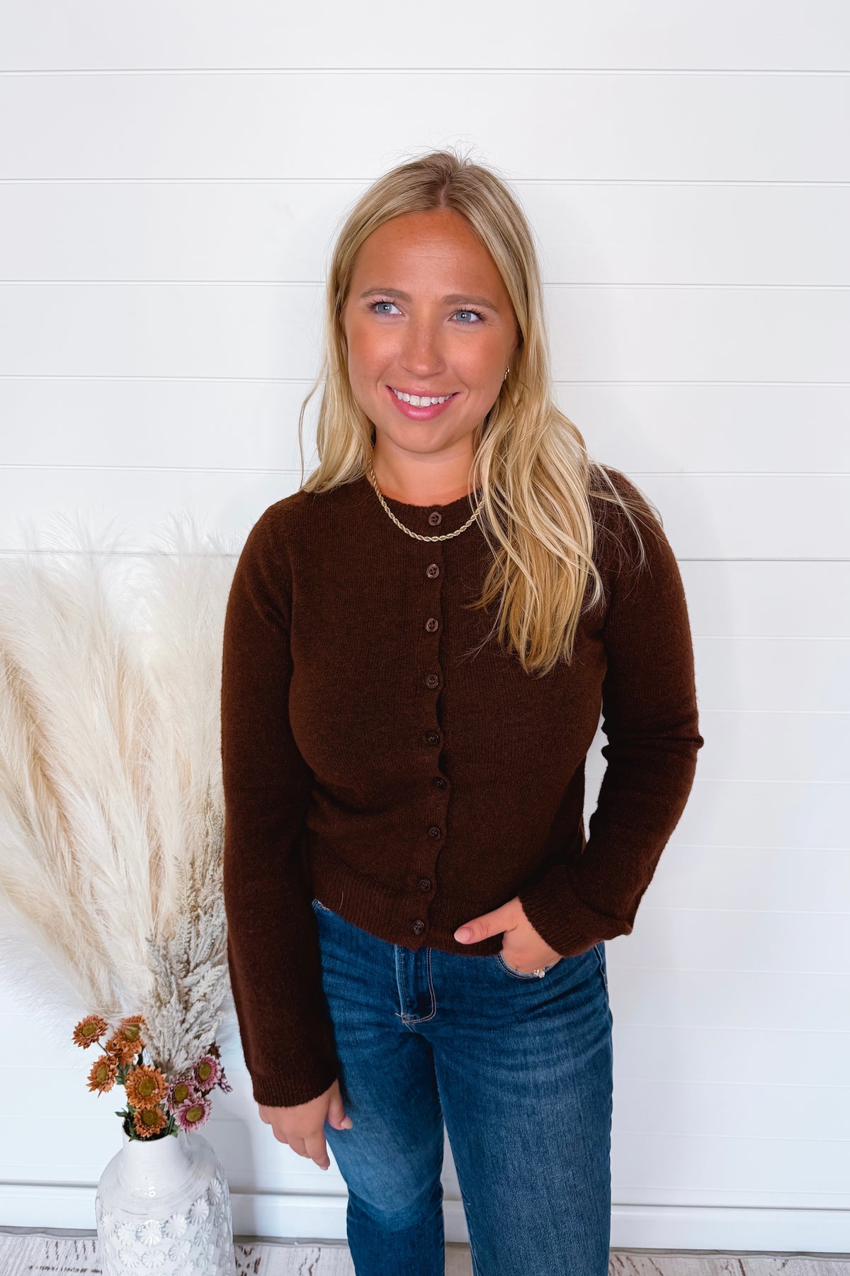 Victoria Lightweight Button Sweater - Brown