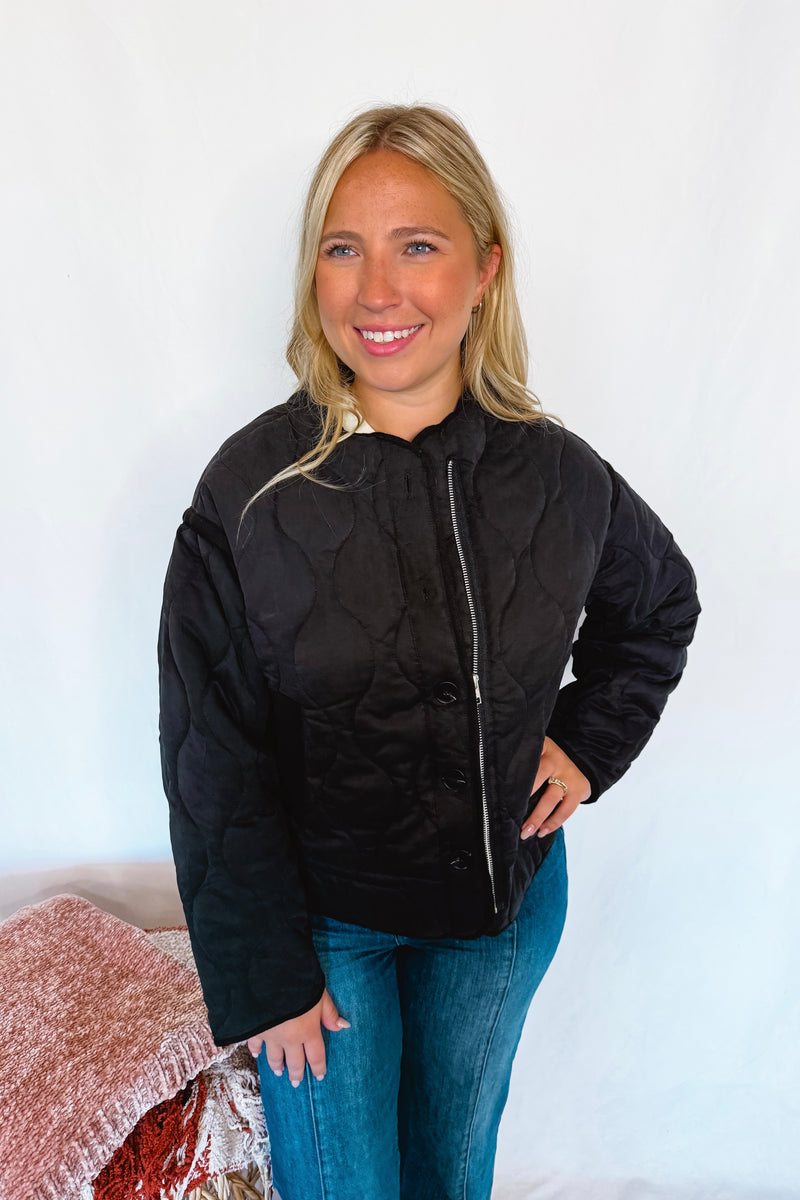 Cheerful Smile Quilted Jacket - Black