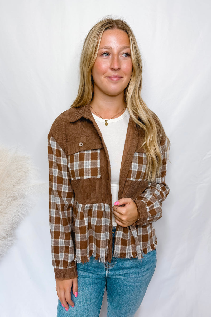 Chilly Air Plaid Button Down Top - Brown