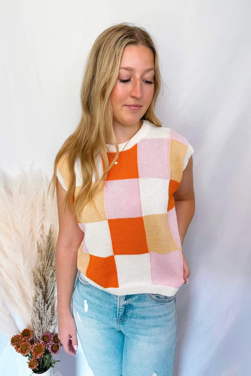 Happy Days Checkered Knit Top - Ivory/Orange Multi