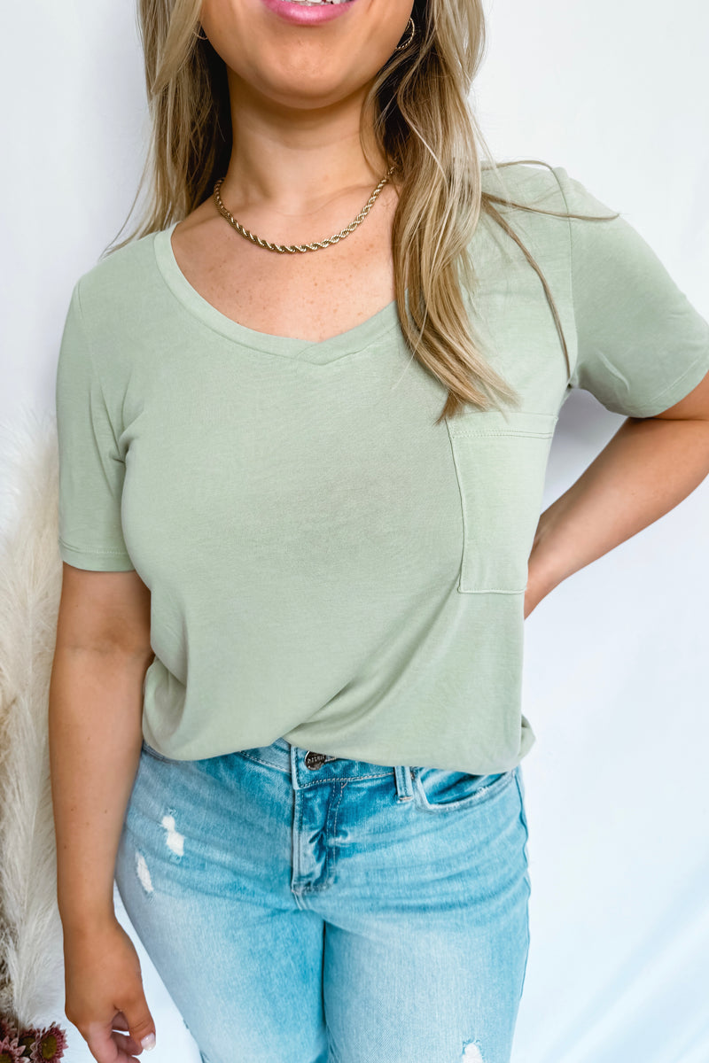 Megan V-Neck Pocket Tee - Sage