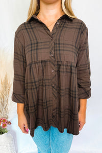 Playful Fun Plaid Peplum Button Down - Brown/Black