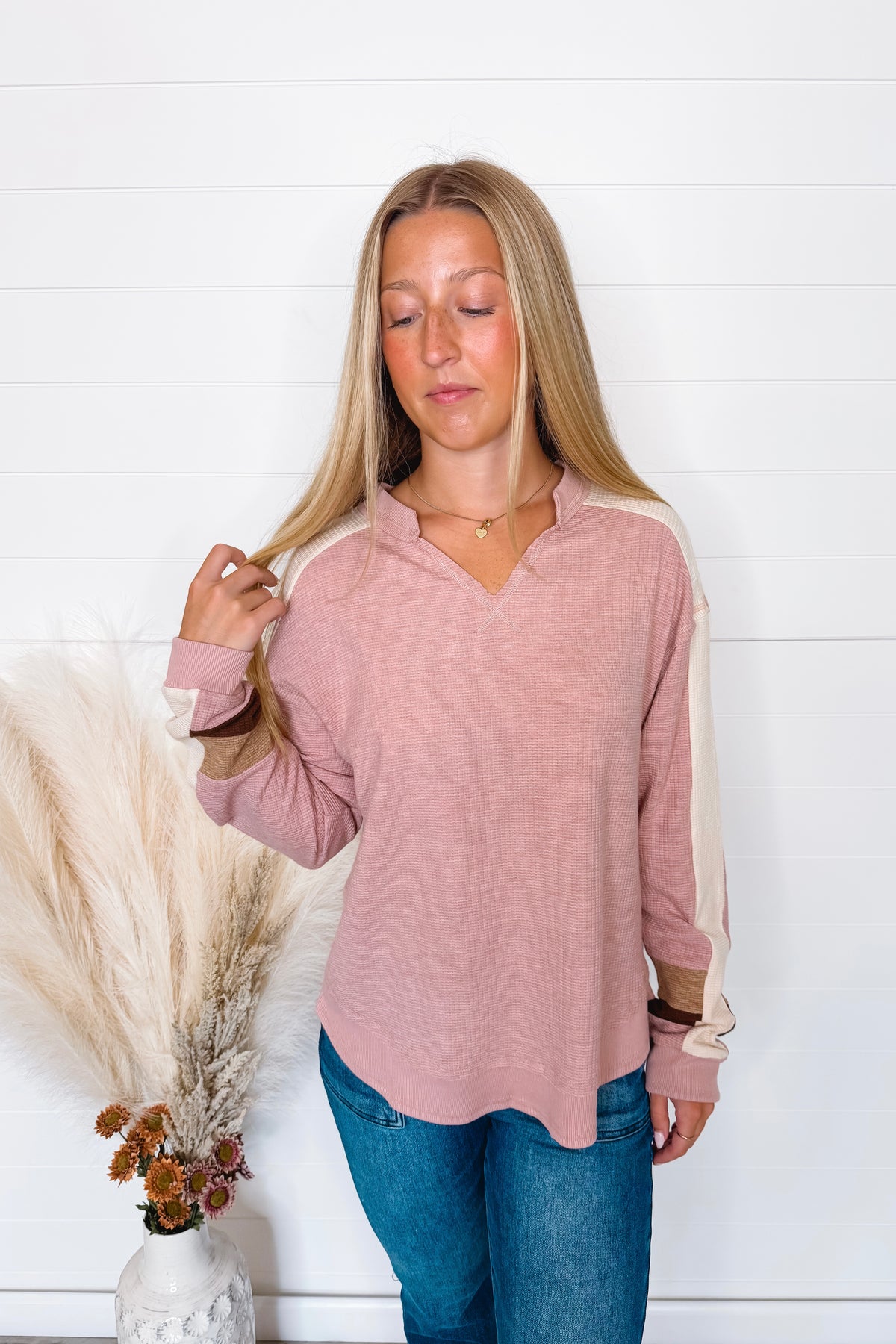 Fall Days Textured Long Sleeve Top - Pink/Cream