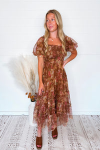 Phoebe Puff Sleeve Tulle Midi Dress - Light Brown Multi
