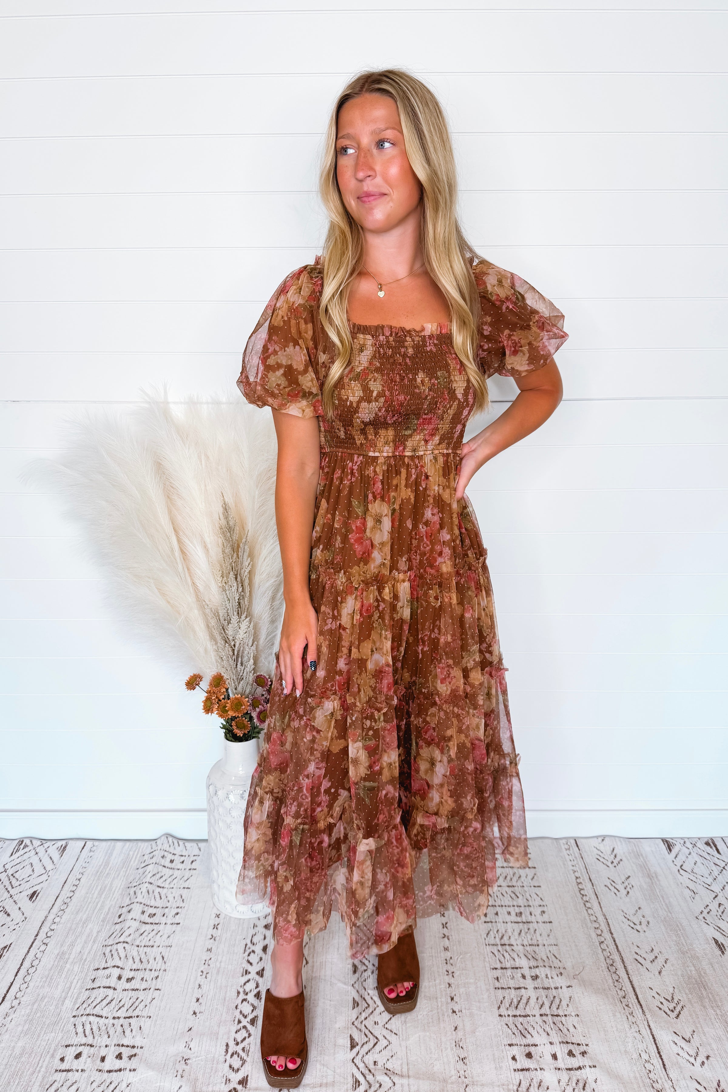 Phoebe Puff Sleeve Tulle Midi Dress - Light Brown Multi