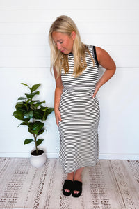 Brunch Date Striped Midi Dress - Black/White