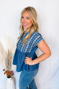 Just For Fun Babydoll Embroidery Blouse - Dark Denim
