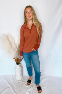 Hot Cider Striped Henley Hoodie - Rust