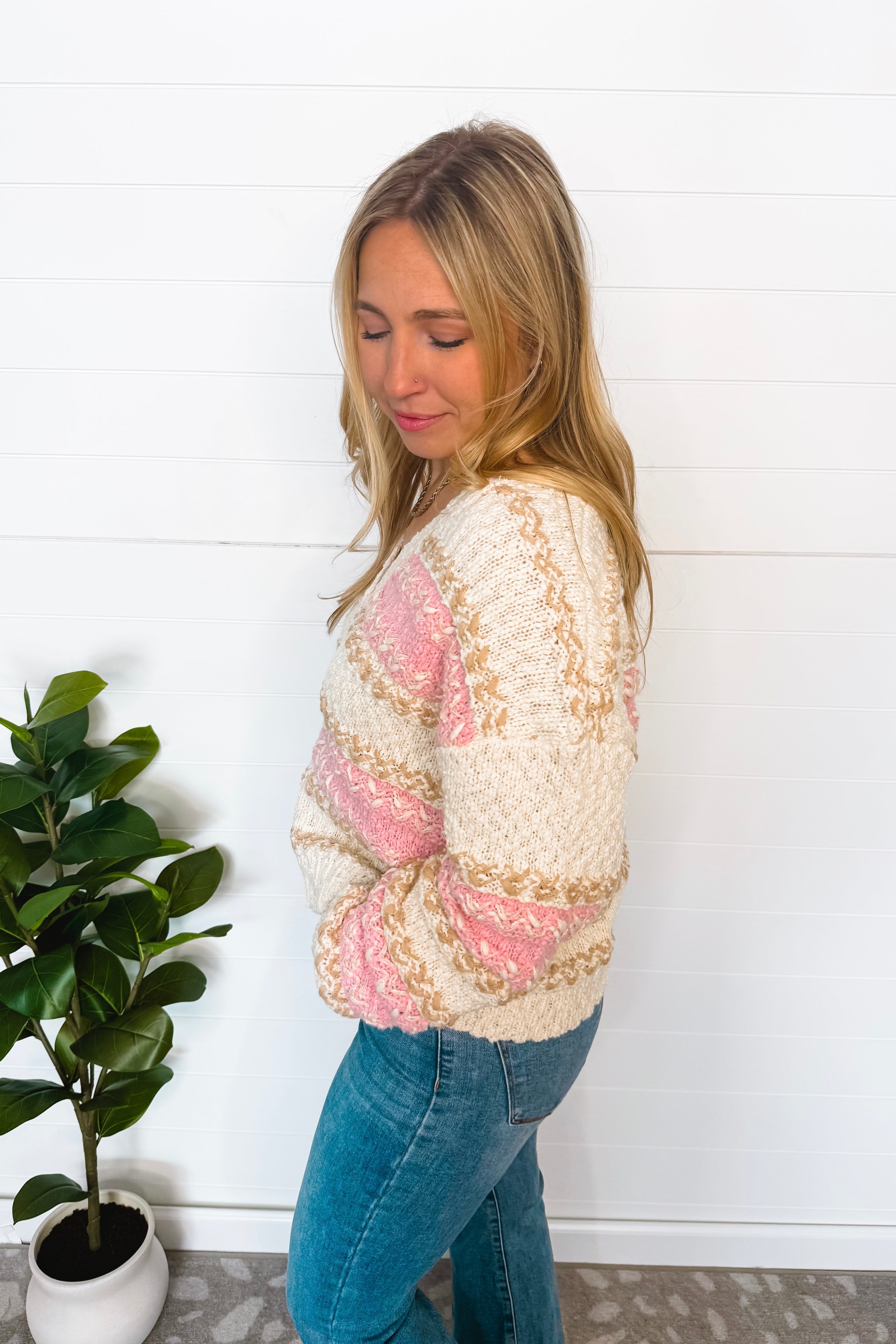 Soft Season Textured Knit Button Cardigan - Ivory/Pink