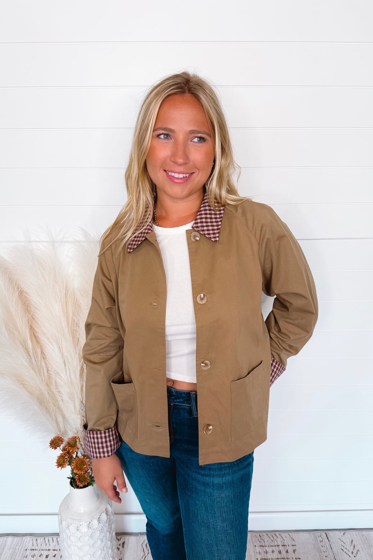 Loving Fall Plaid Collar Jacket - Tan