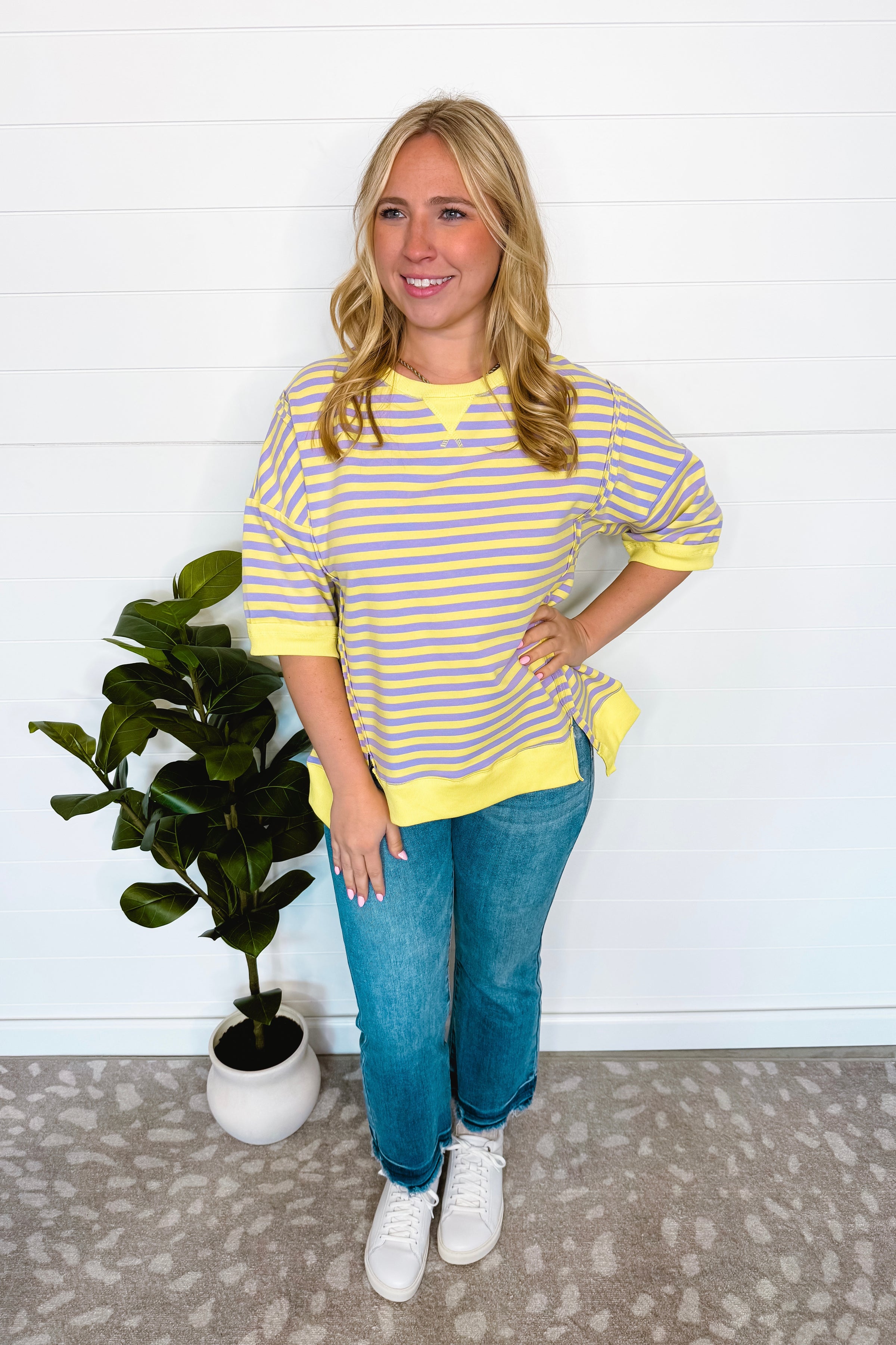 Bentley Striped Oversized Top - Lavender/Yellow