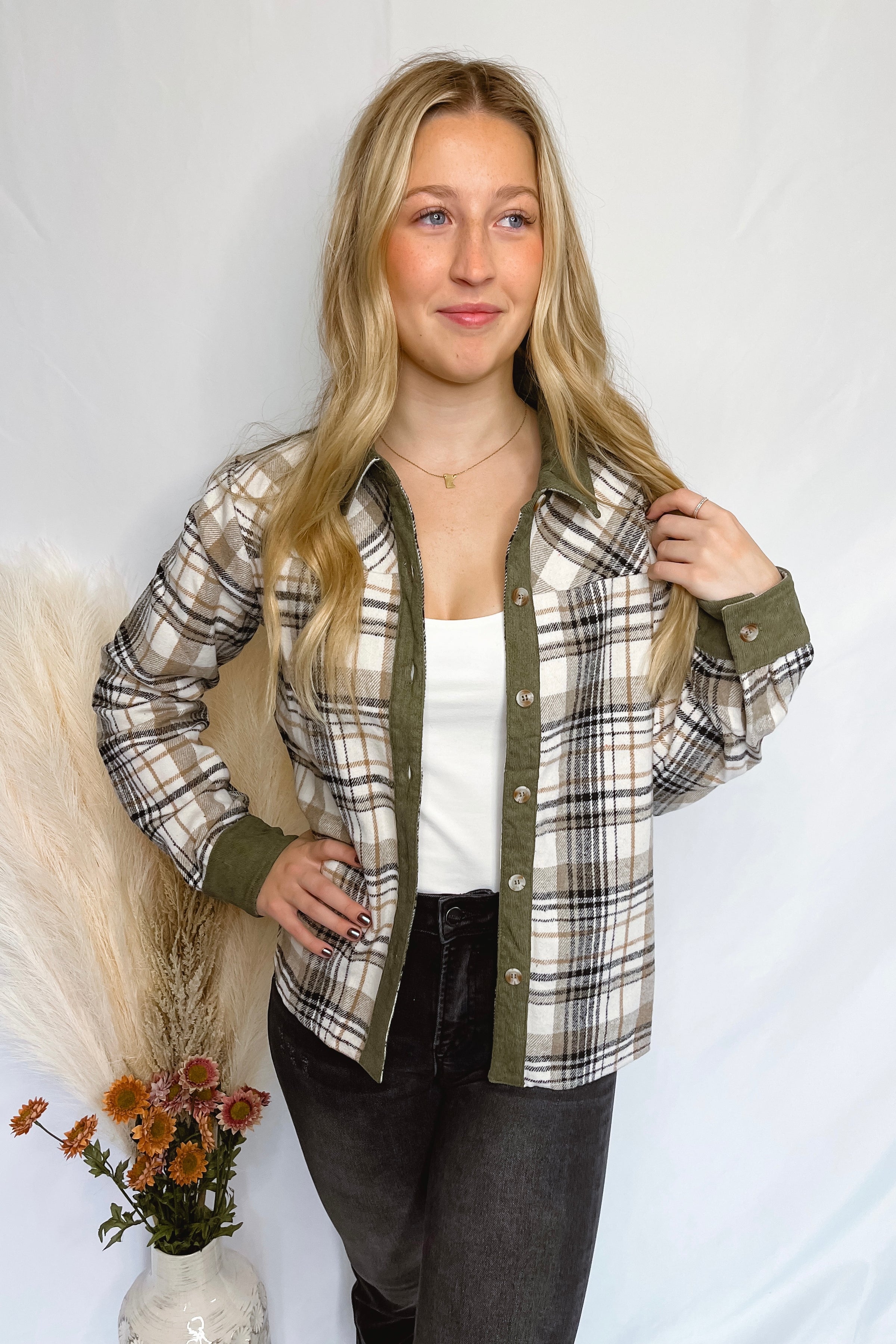 Close To Home Plaid Flannel Shacket - Taupe/Olive