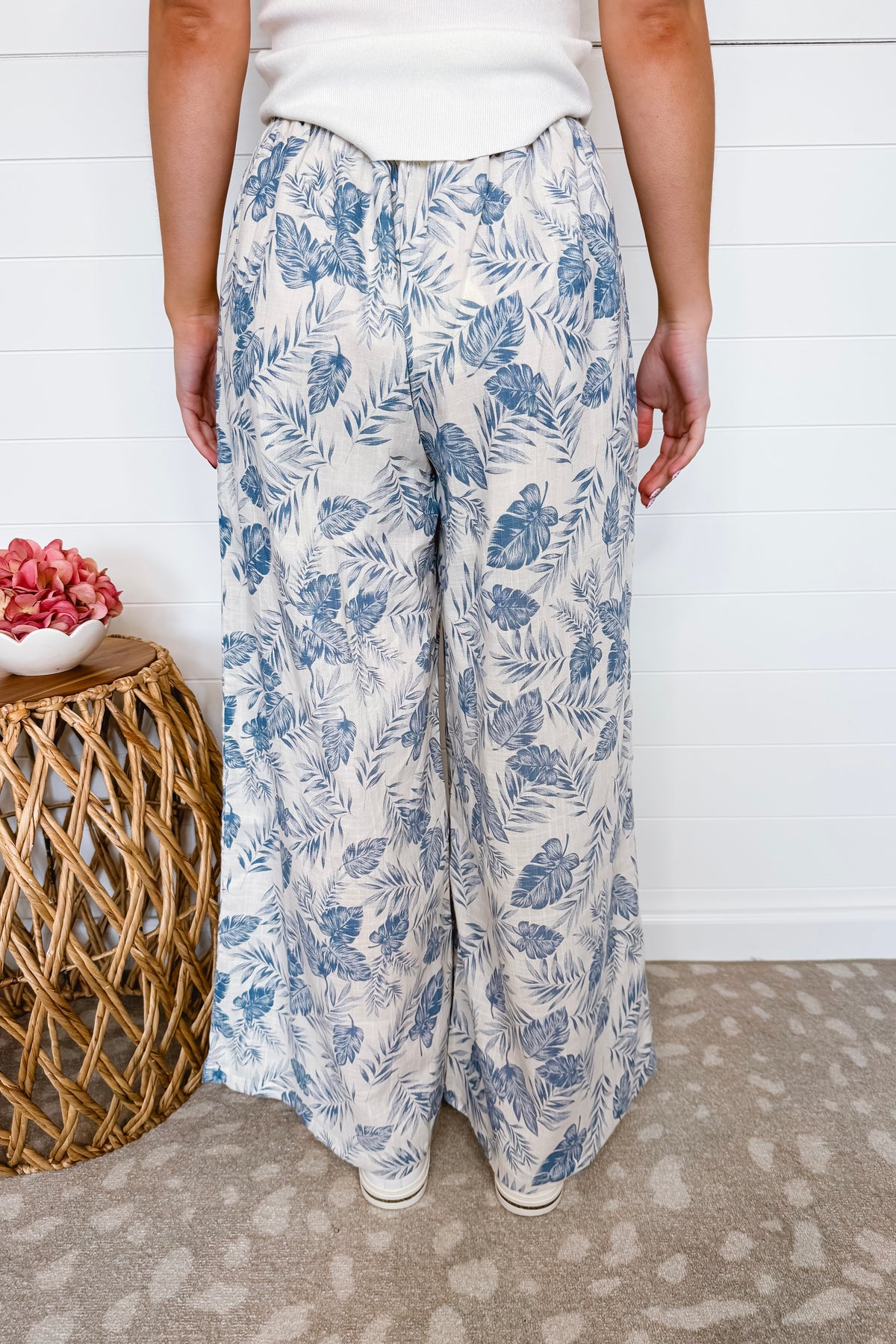 Summer Days Tropical Palm Leaf Wide Leg Pants - Blue/Ivory
