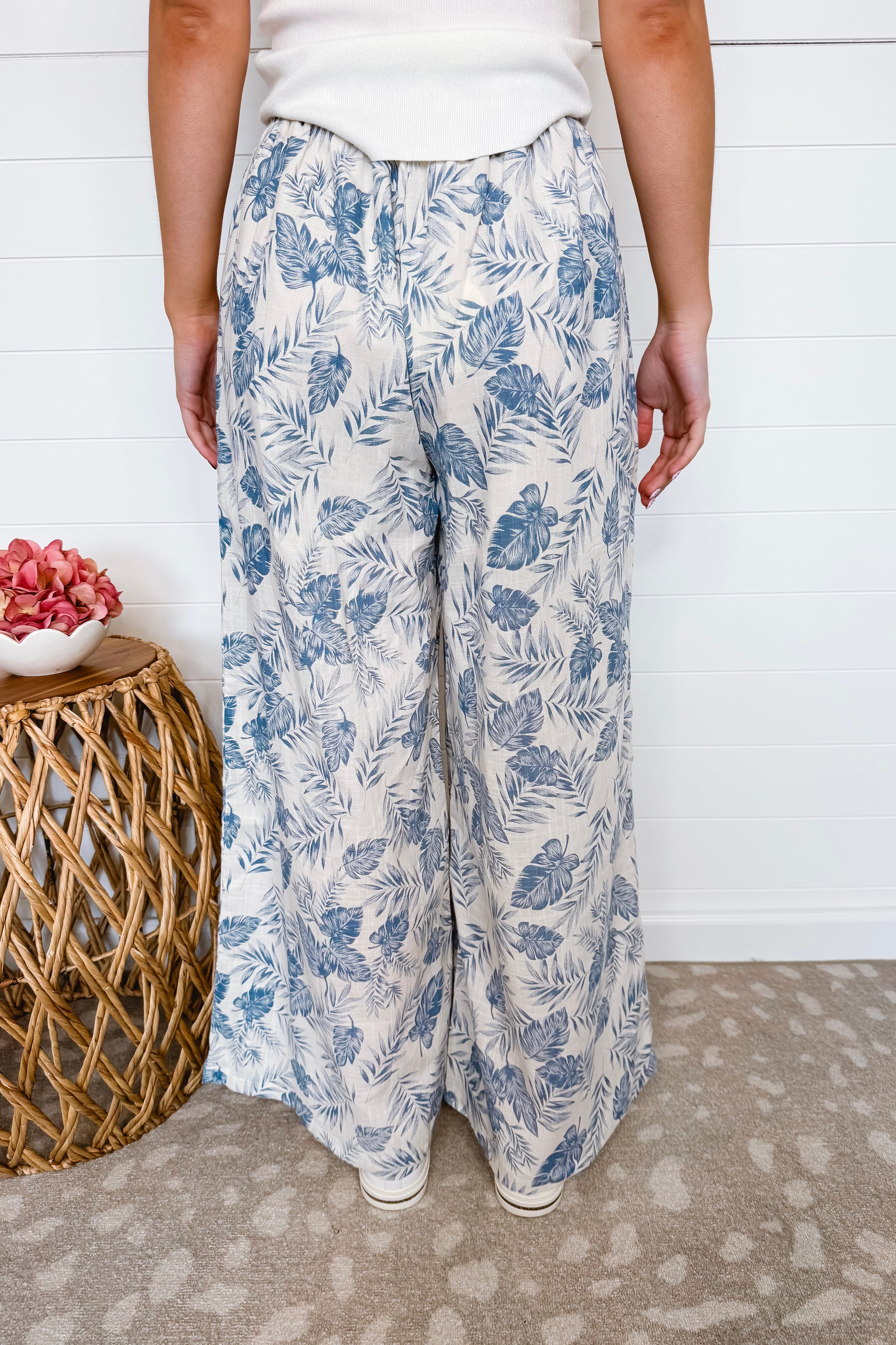 Summer Days Tropical Palm Leaf Wide Leg Pants - Blue/Ivory