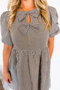 Harvest Cutie Gingham Front Bow Mini Dress - Brown
