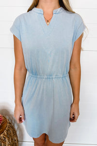 Refreshing Morning Split Neck Mini Dress - Light Blue