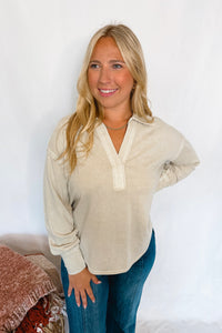 All My Days Mineral Washed Split Neck Top - Oatmeal
