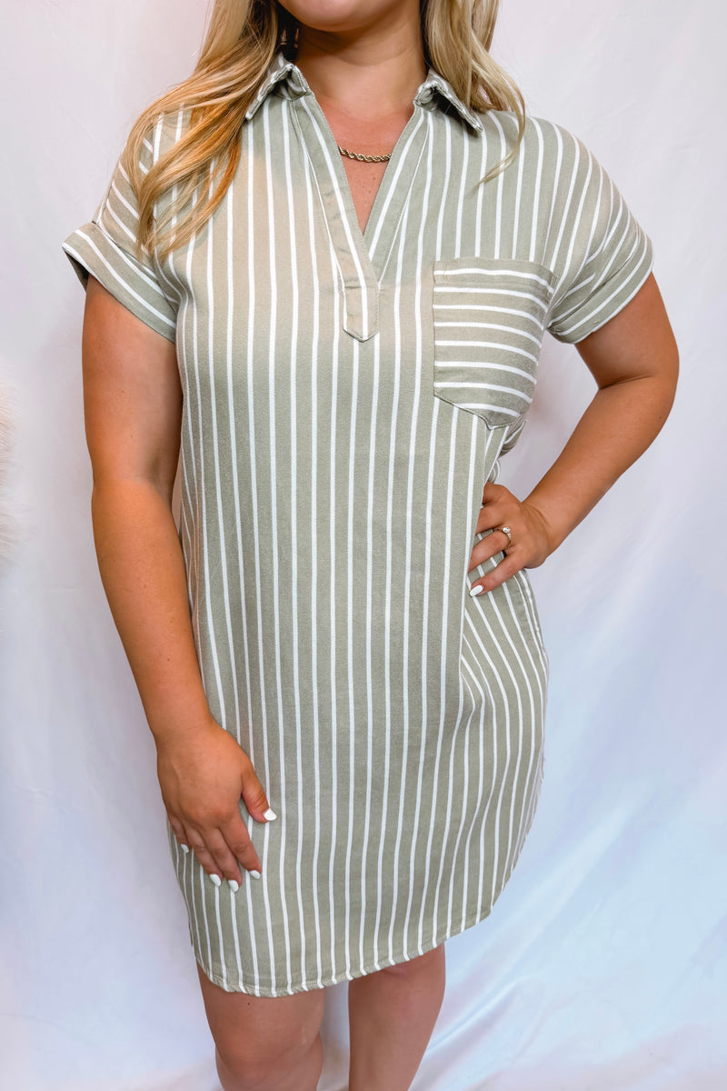 Lizzie Striped Mini Shirt Dress - Olive