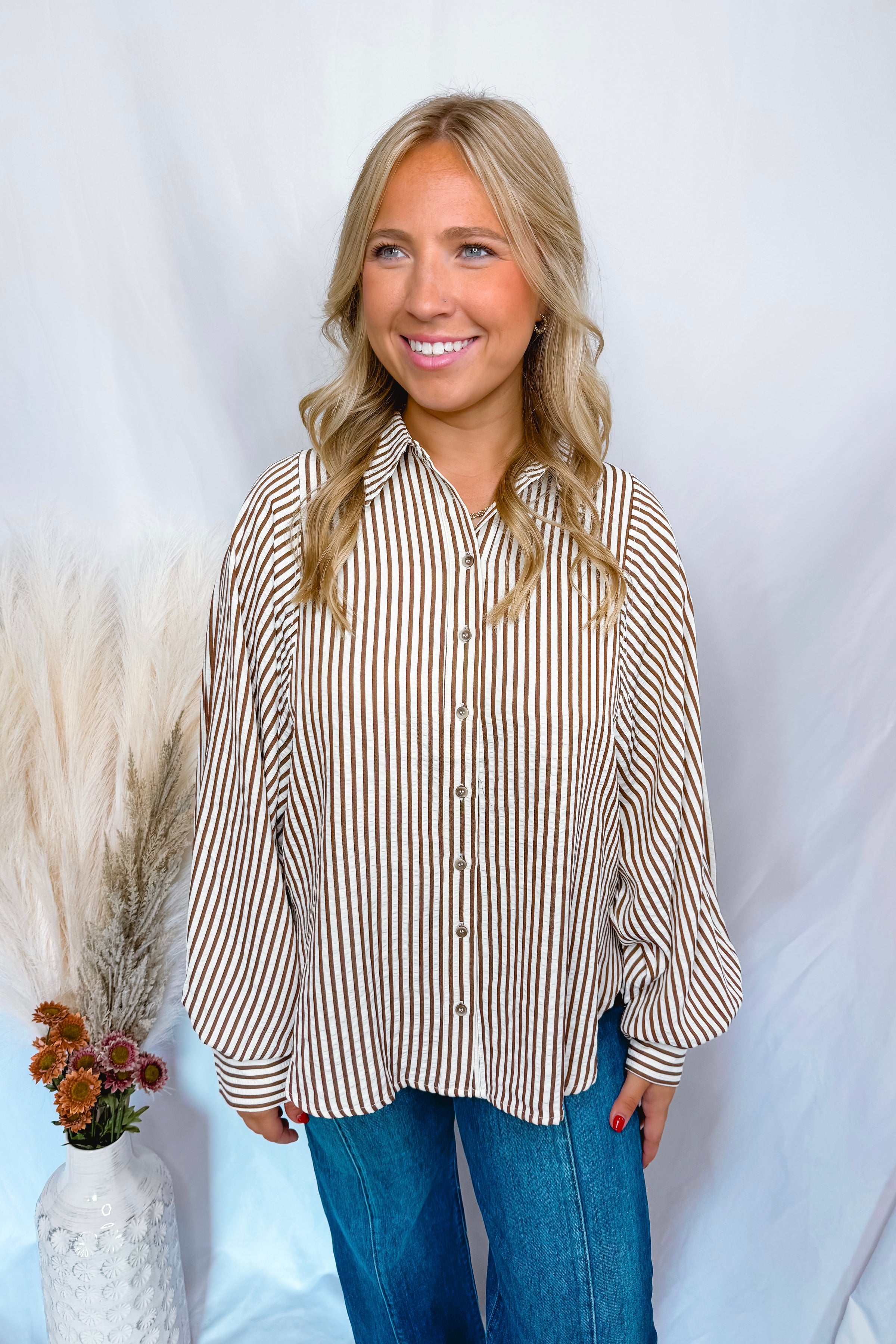 Charming Smiles Striped Button Down Top - Brown/Ivory