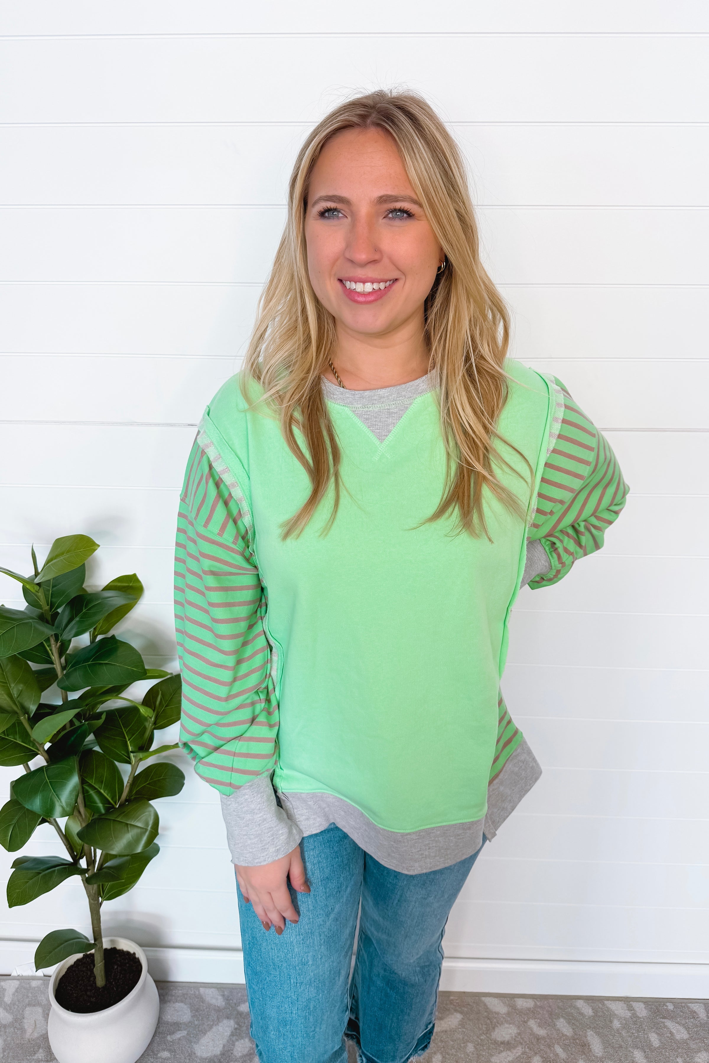 Weekend Away Oversized Striped Top - Mint/Grey