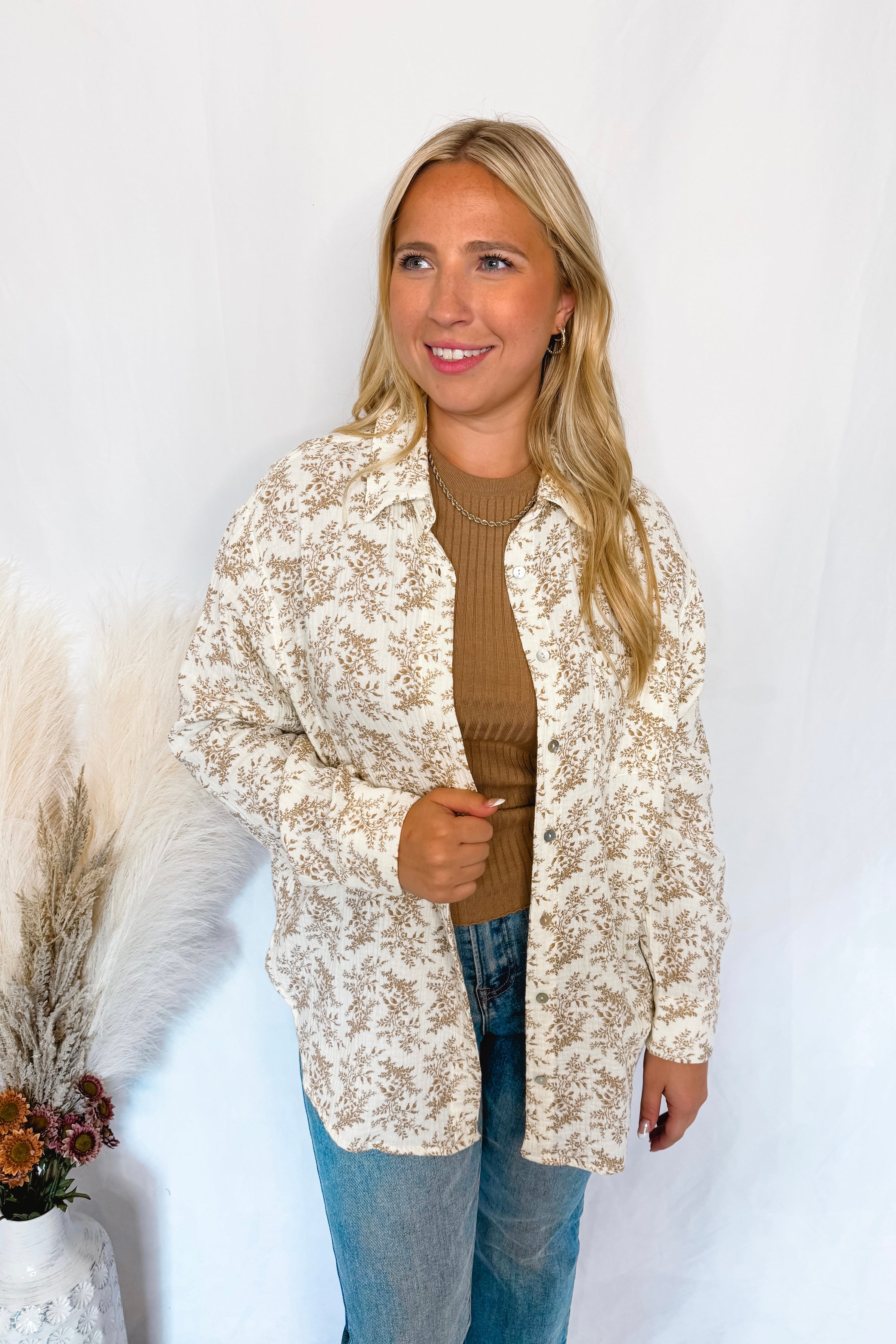 Meadow Breeze Gauze Floral Button Down - Ivory/Mocha