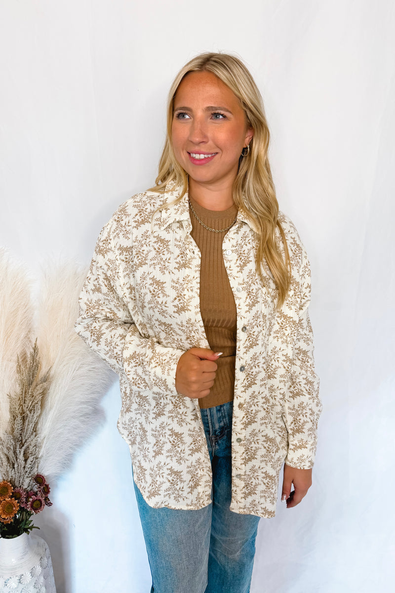 Meadow Breeze Gauze Floral Button Down - Ivory/Mocha