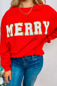 Merry Letter Patch Crew Neck Pullover- Red