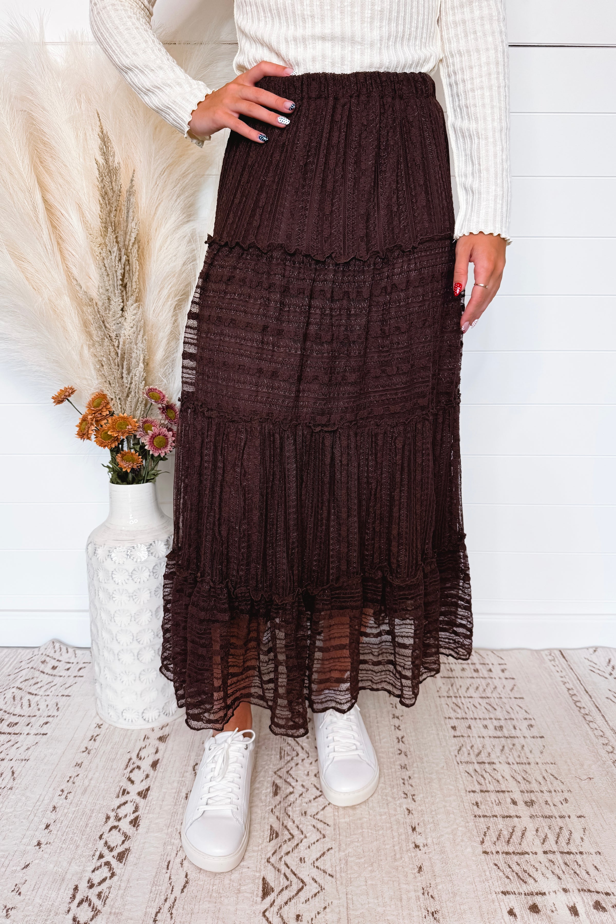 Two Stepping Tiered Midi Skirt - Chocolate Brown