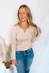 Courtney Notched V-Neck Long Sleeve Top - Oatmeal